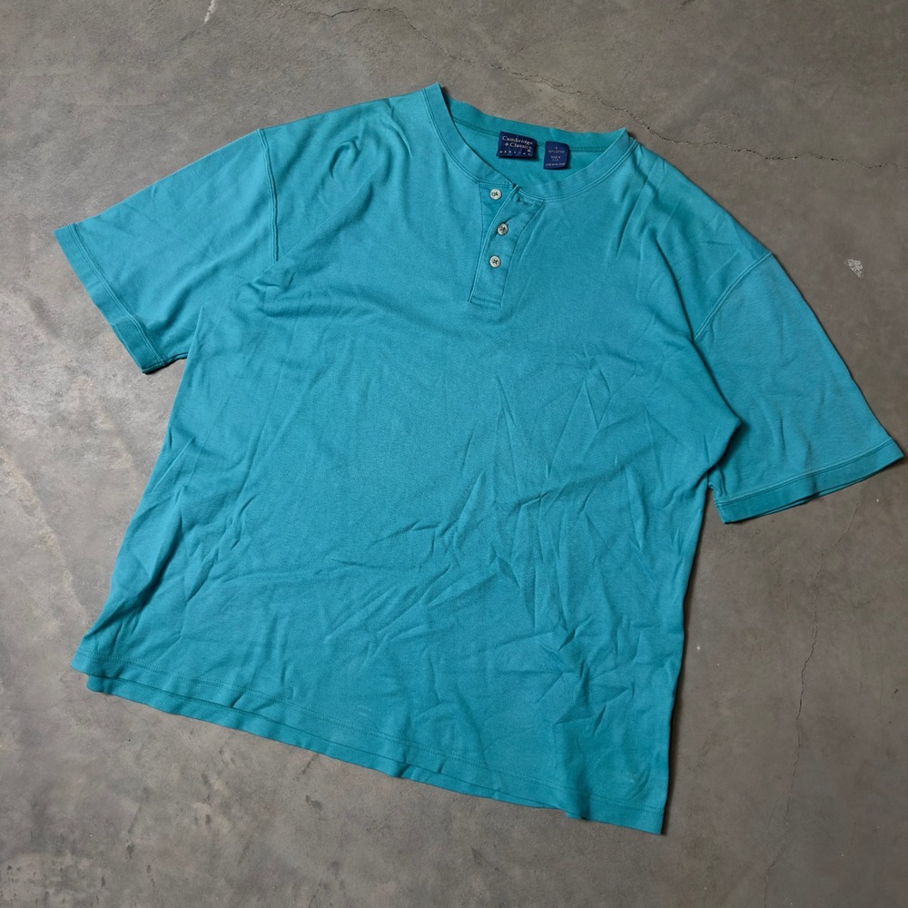 Vintage Cambridge Classics Henley Shirt Mens Large Teal Blue 90s Made In USA